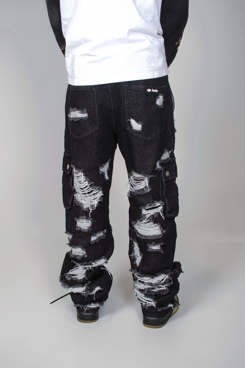 Black Distressed Cargo Denim