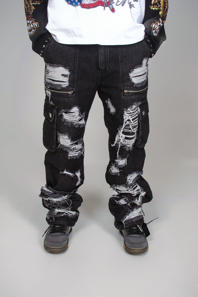 Black Distressed Cargo Denim