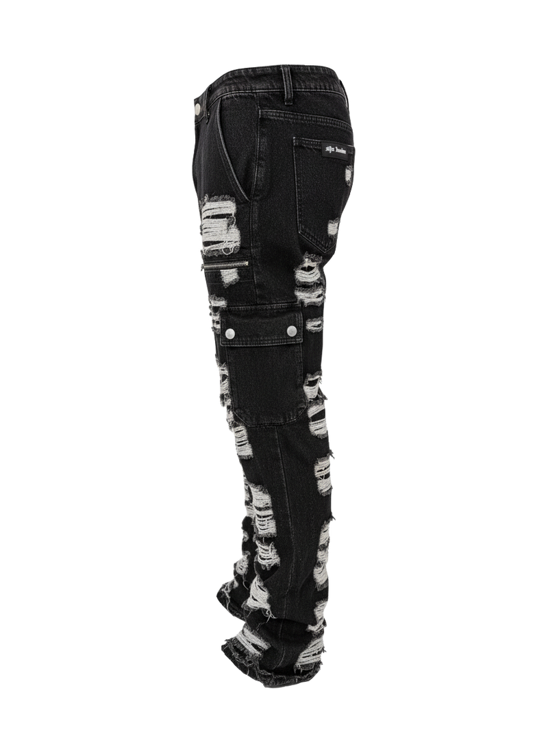 Black Distressed Cargo Denim