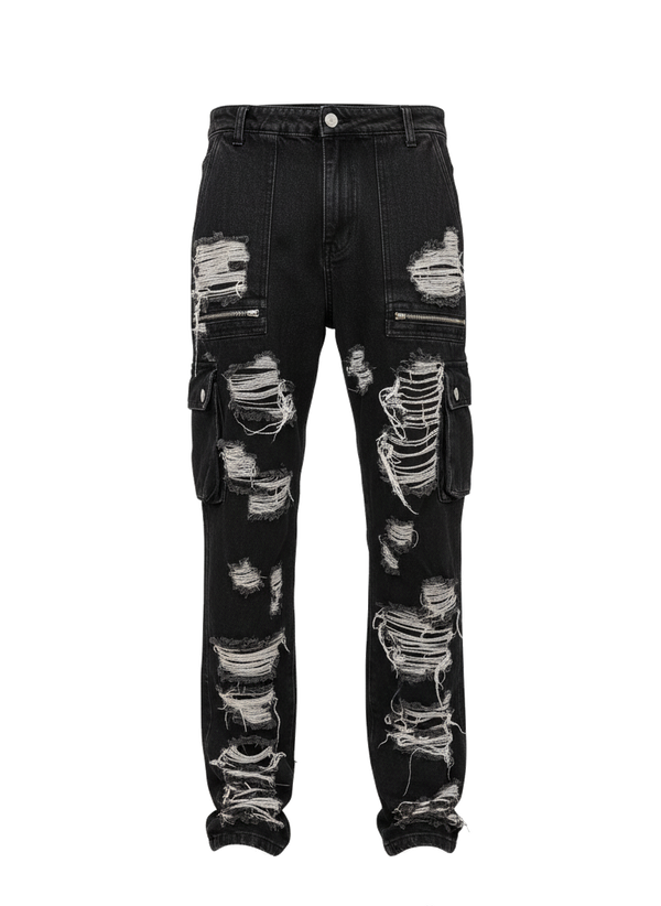 Black Distressed Cargo Denim