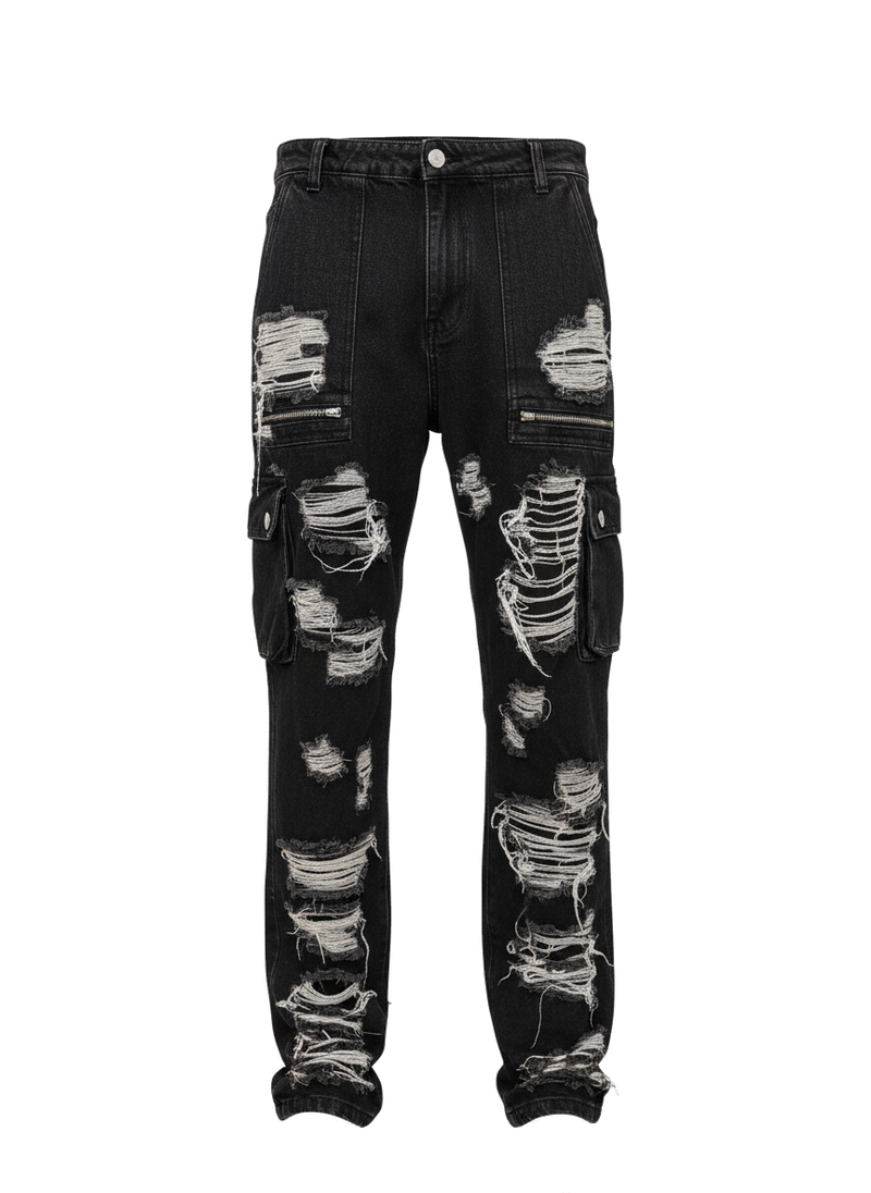 Black Distressed Cargo Denim