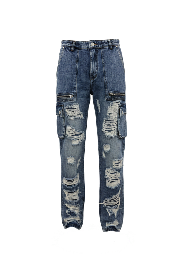 Dirty Wash Distressed Cargo Denim