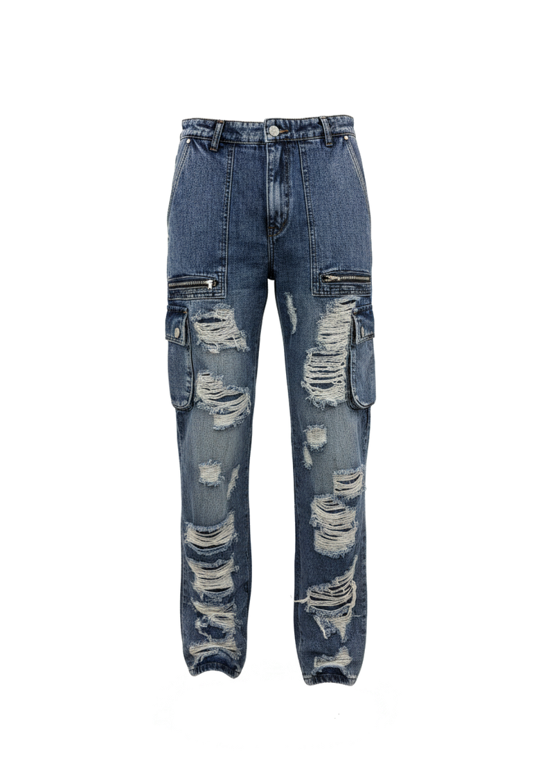 Dirty Wash Distressed Cargo Denim