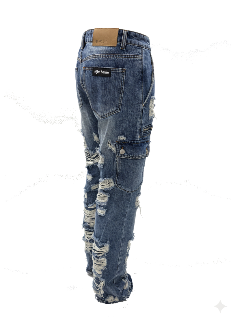 Dirty Wash Distressed Cargo Denim